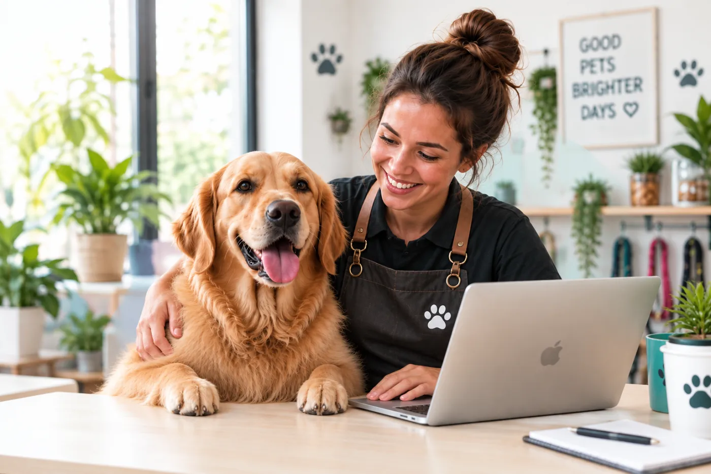 Pet-care business owner working on a laptop with a golden retriever