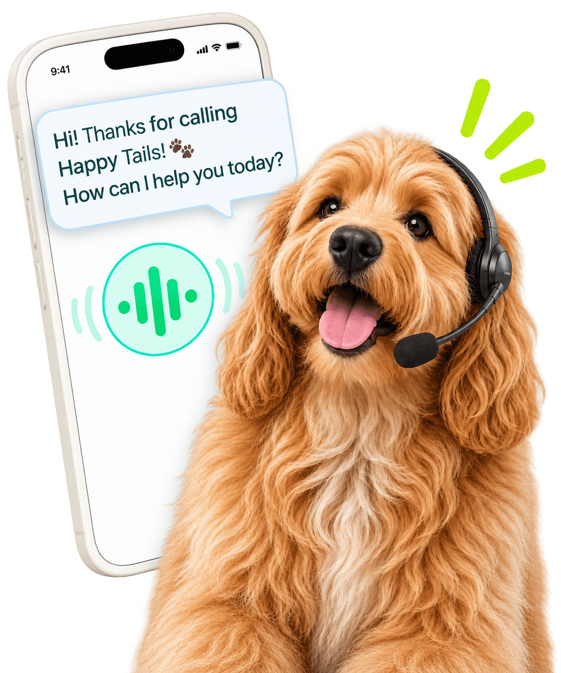 Dog beside an AI receptionist visual