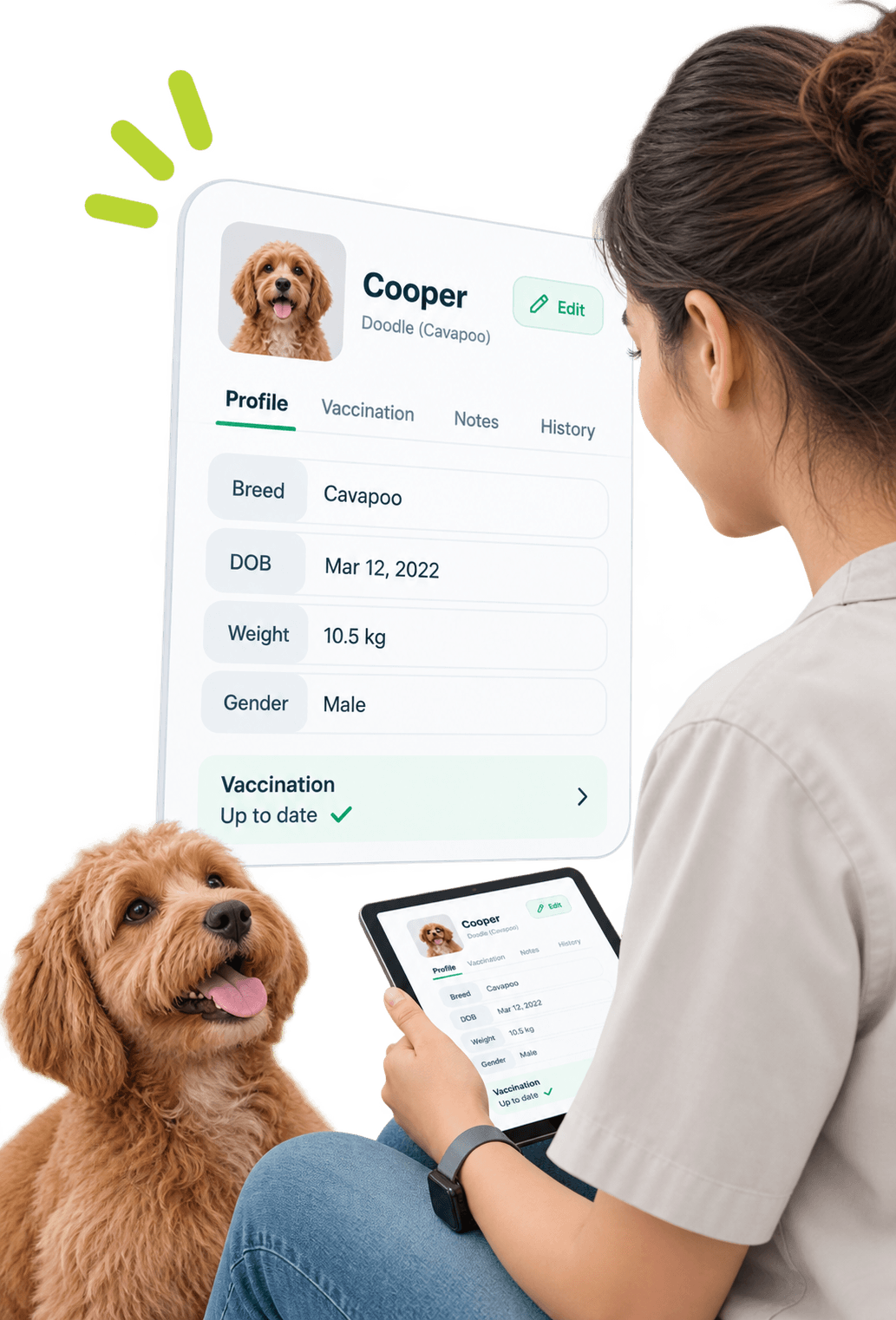 Pet care professional with a dog using GoPet AI's CRM