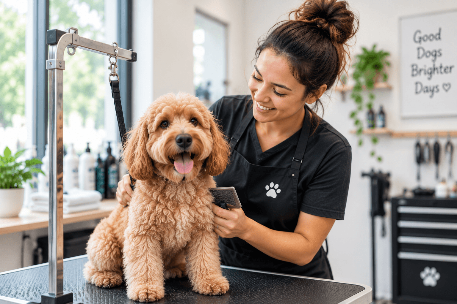 Groomer brushing a golden doodle on a grooming table